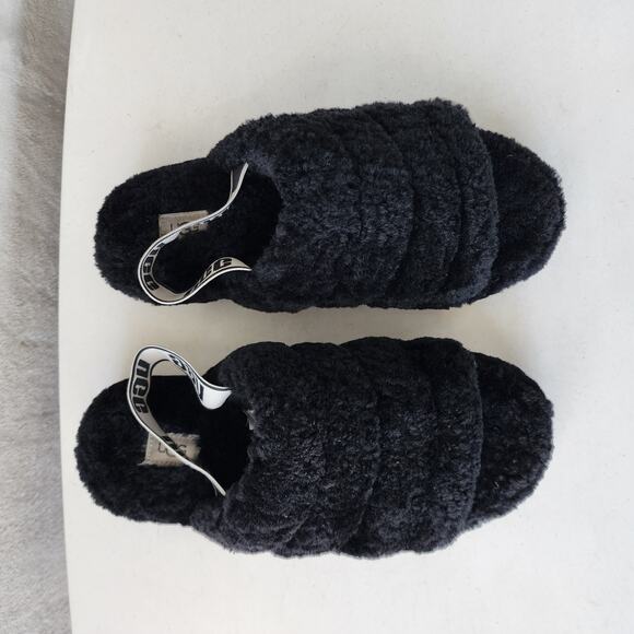 Ugg Slippers Womens 11 Black Fluff Yeah Logo Slide Fuzzy Flatform Shearling - Picture 9 of 11